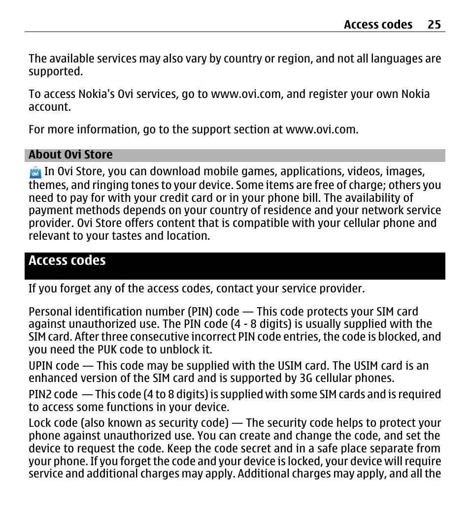 About ovi store, Access codes | Nokia E5-00 User Manual | Page 25 / 230