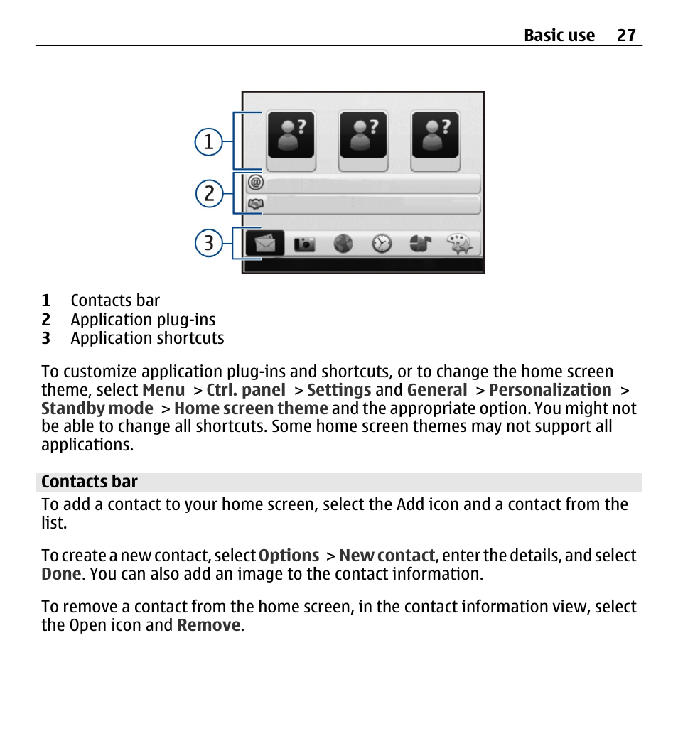 Contacts bar | Nokia E5-00 User Manual | Page 27 / 230