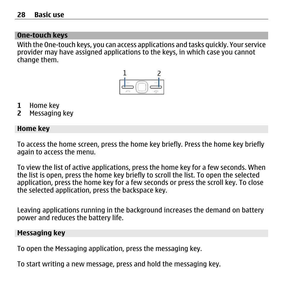 One-touch keys, Home key, Messaging key | Nokia E5-00 User Manual | Page 28 / 230
