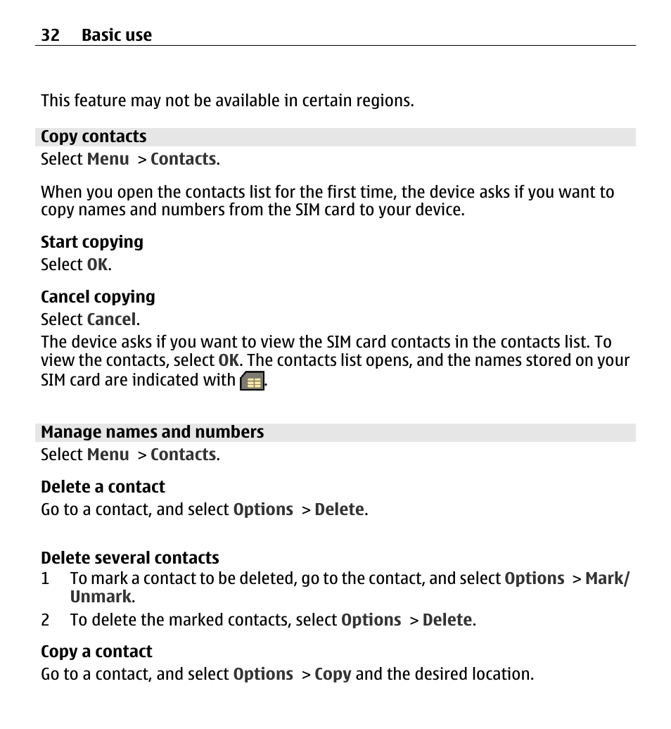 Copy contacts, Manage names and numbers | Nokia E5-00 User Manual | Page 32 / 230