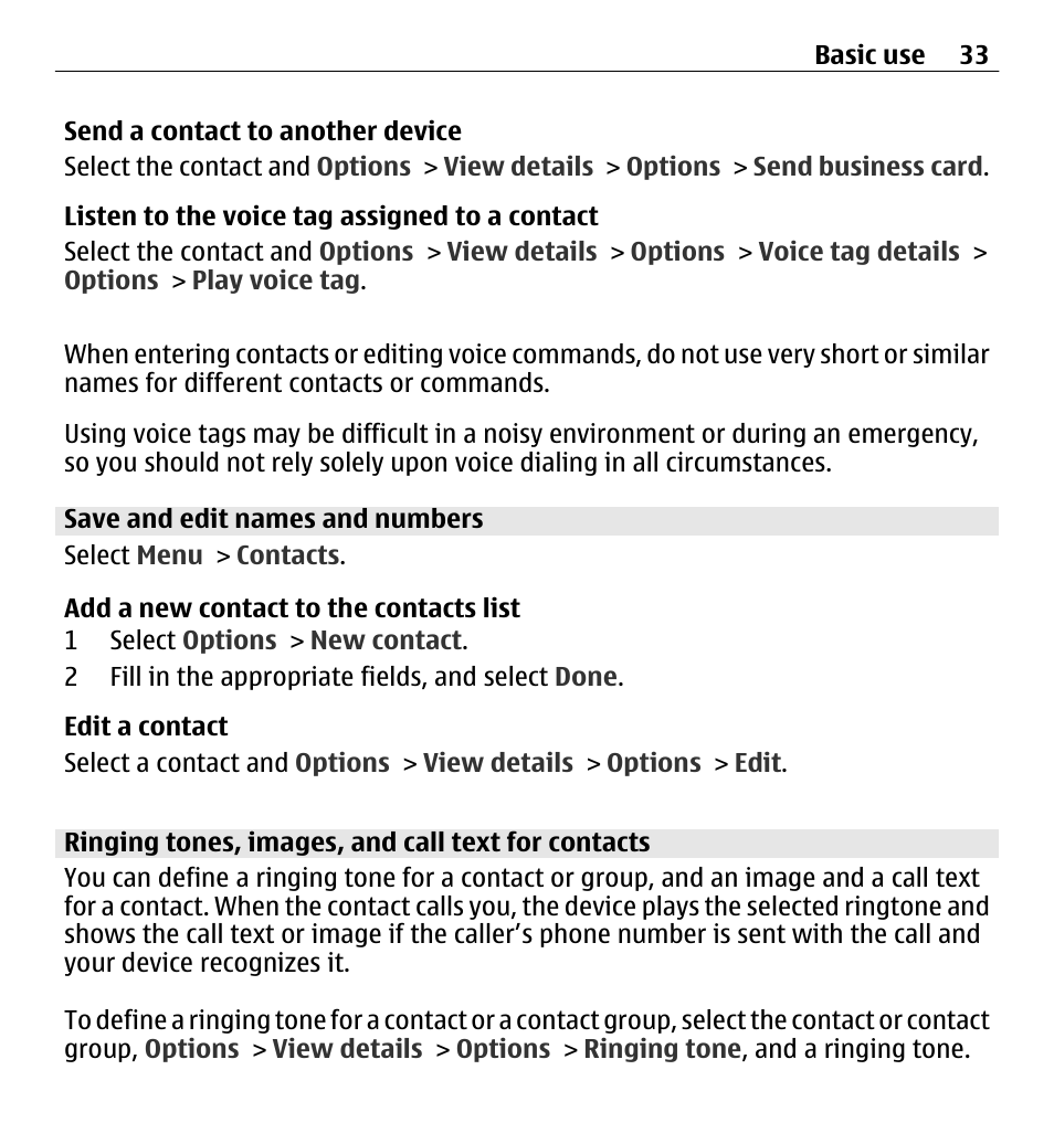 Save and edit names and numbers, Ringing tones, images, and call text for contacts | Nokia E5-00 User Manual | Page 33 / 230