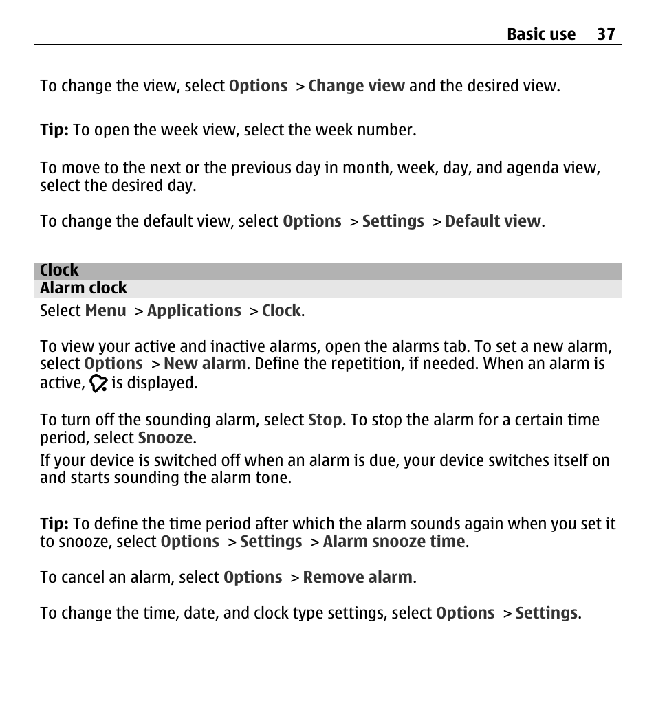 Clock, Alarm clock | Nokia E5-00 User Manual | Page 37 / 230