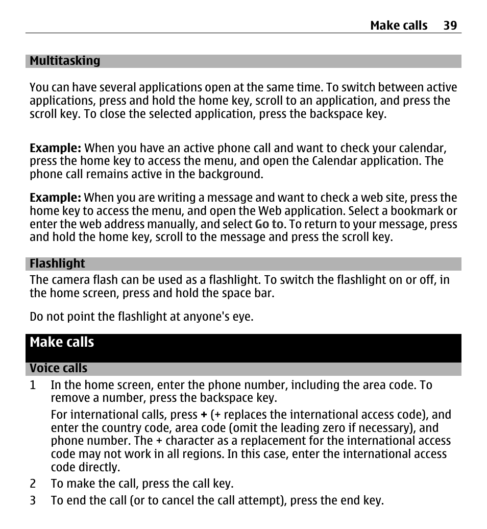 Multitasking, Flashlight, Make calls | Voice calls | Nokia E5-00 User Manual | Page 39 / 230