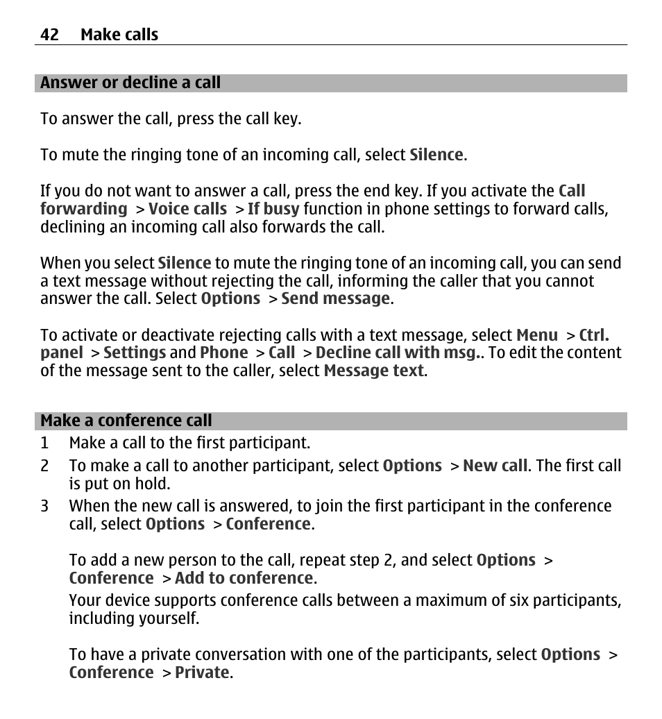 Answer or decline a call, Make a conference call | Nokia E5-00 User Manual | Page 42 / 230