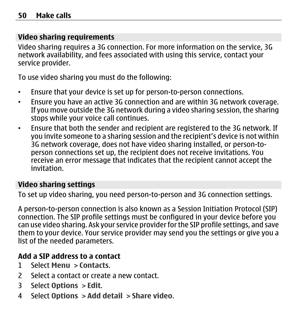 Video sharing requirements, Video sharing settings | Nokia E5-00 User Manual | Page 50 / 230