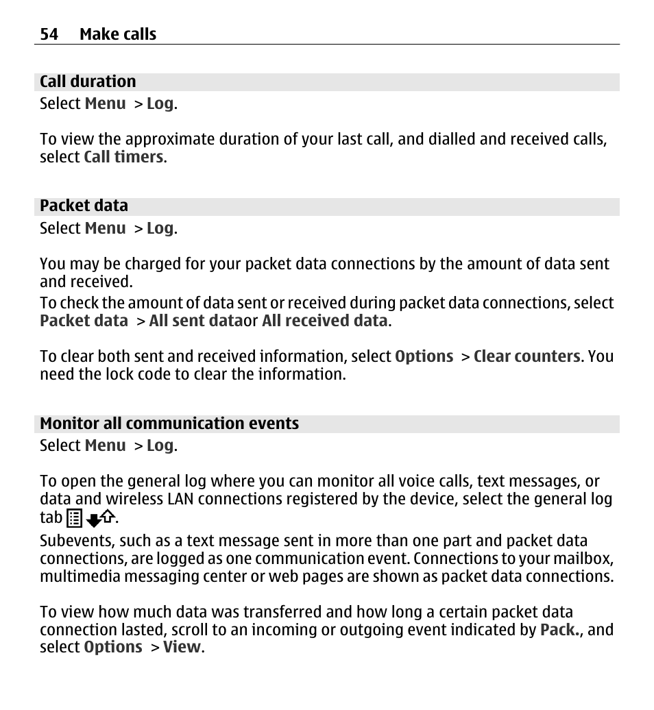 Call duration, Packet data, Monitor all communication events | Nokia E5-00 User Manual | Page 54 / 230