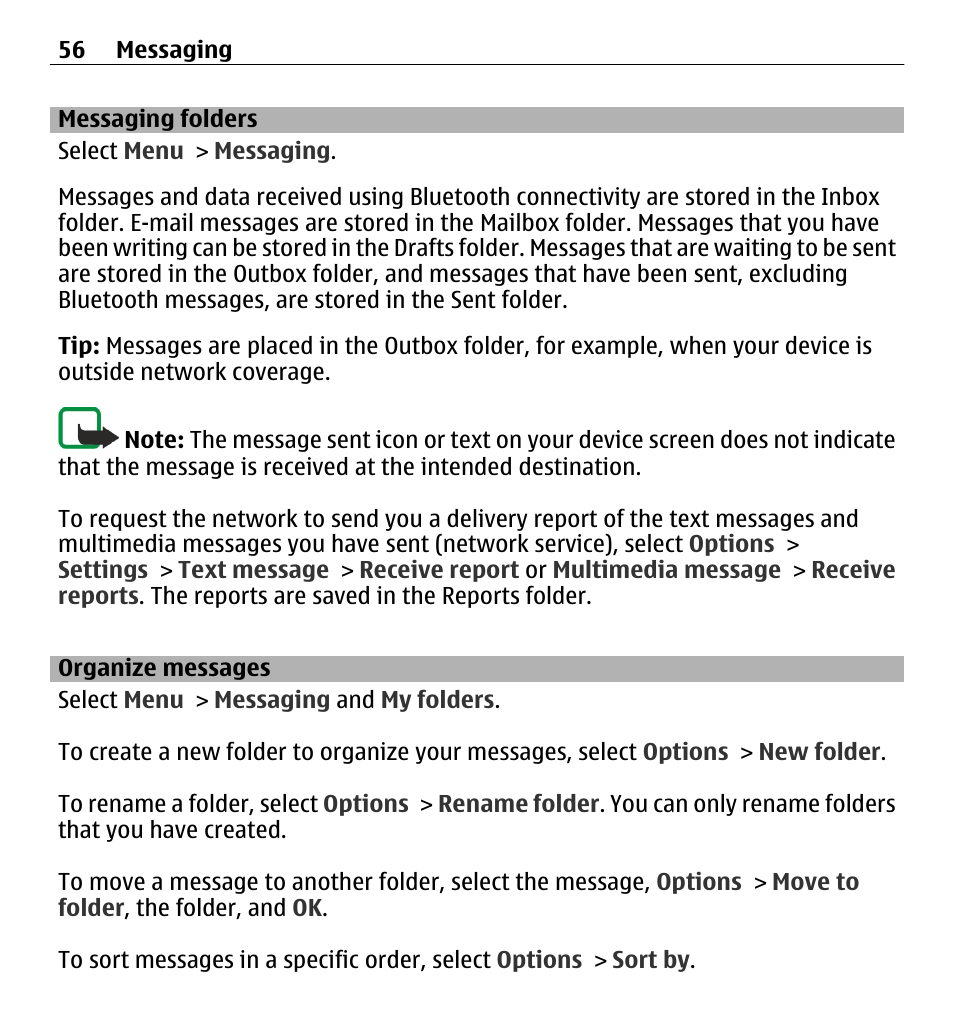 Messaging folders, Organize messages | Nokia E5-00 User Manual | Page 56 / 230