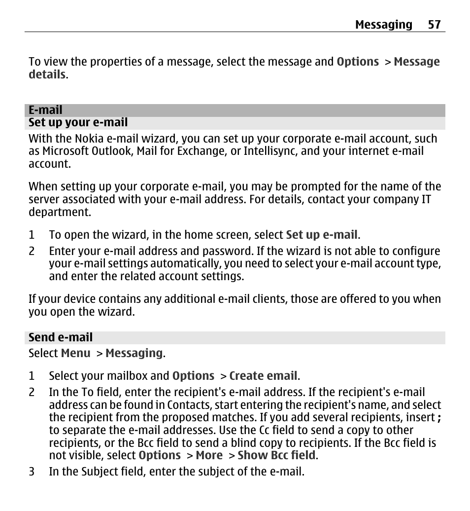 E-mail, Set up your e-mail, Send e-mail | Nokia E5-00 User Manual | Page 57 / 230
