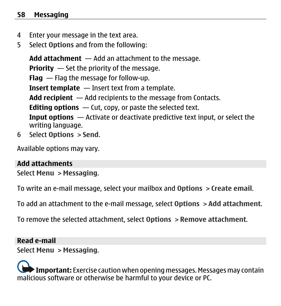 Add attachments, Read e-mail | Nokia E5-00 User Manual | Page 58 / 230