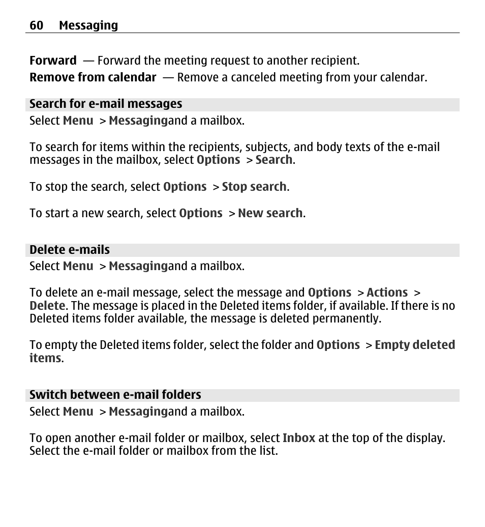 Search for e-mail messages, Delete e-mails, Switch between e-mail folders | Nokia E5-00 User Manual | Page 60 / 230