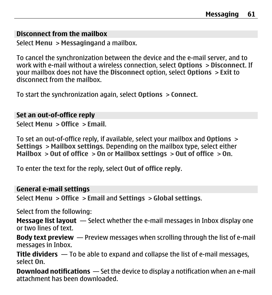 Disconnect from the mailbox, Set an out-of-office reply, General e-mail settings | Nokia E5-00 User Manual | Page 61 / 230