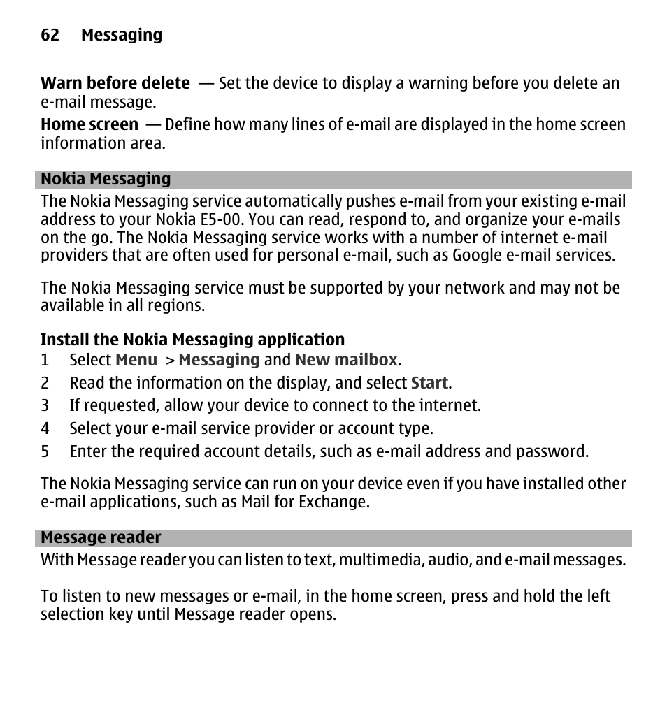 Nokia messaging, Message reader | Nokia E5-00 User Manual | Page 62 / 230