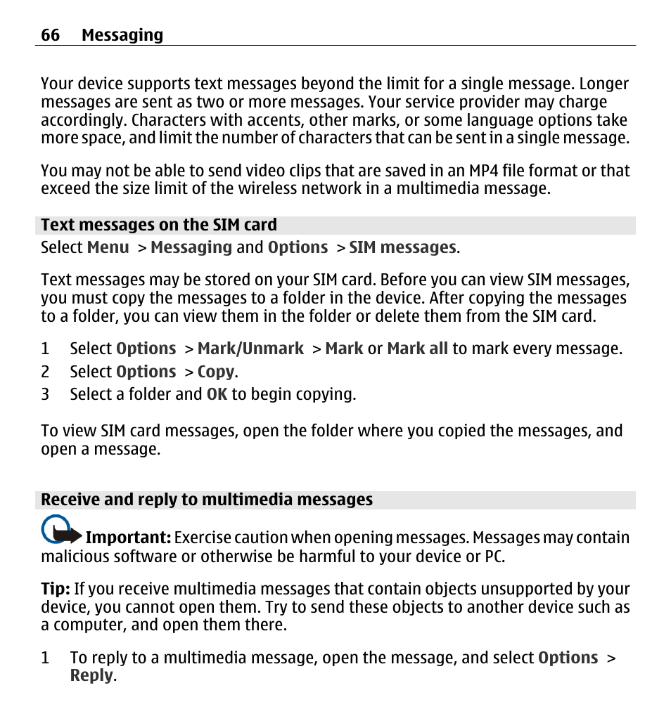 Text messages on the sim card, Receive and reply to multimedia messages | Nokia E5-00 User Manual | Page 66 / 230