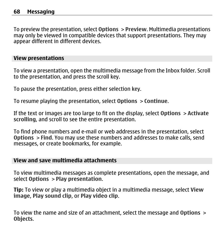 View presentations, View and save multimedia attachments | Nokia E5-00 User Manual | Page 68 / 230