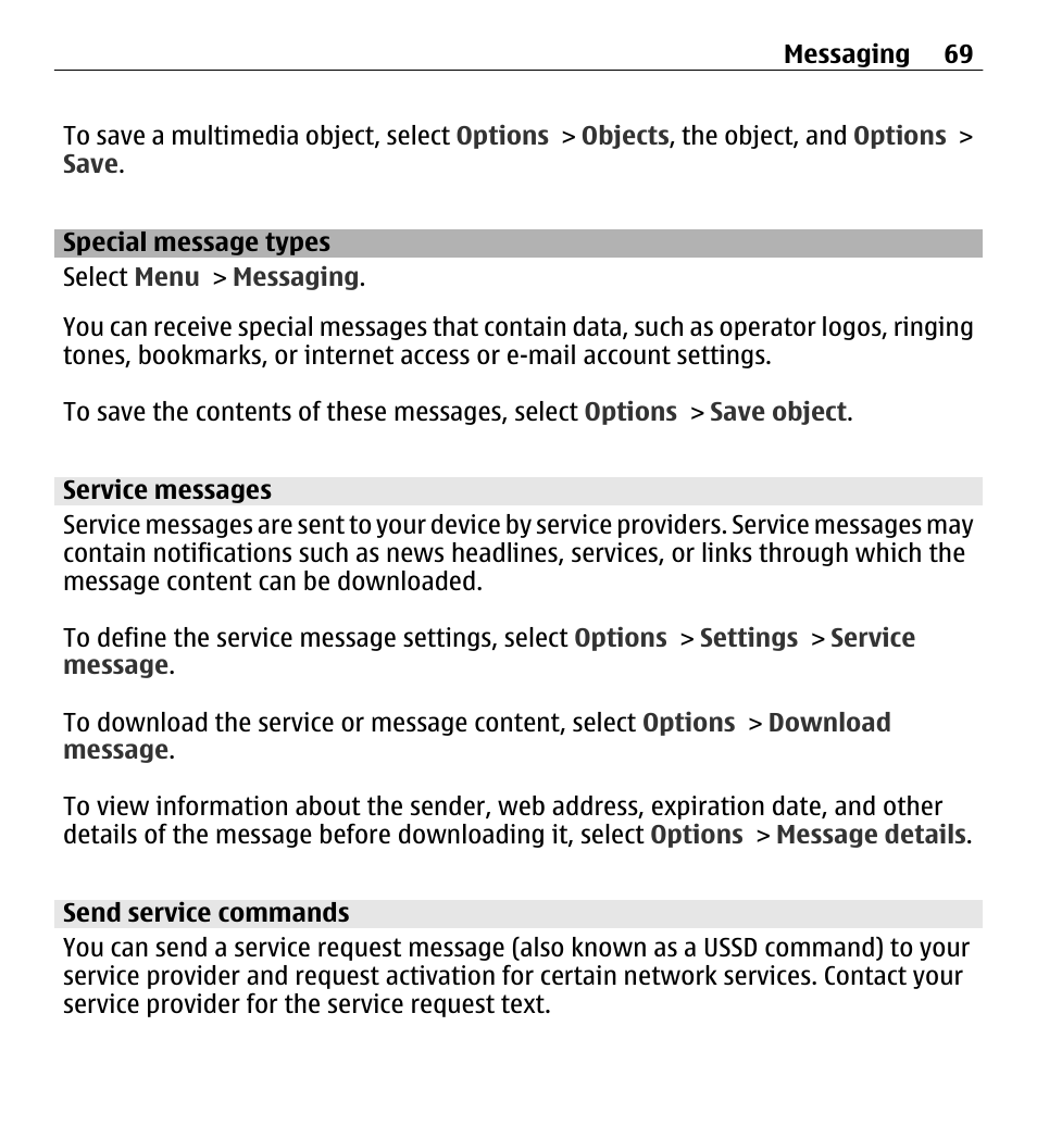 Special message types, Service messages, Send service commands | Nokia E5-00 User Manual | Page 69 / 230