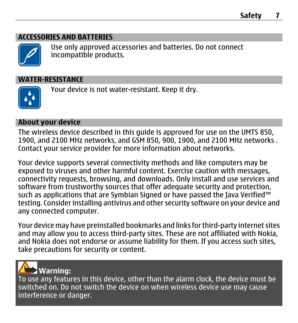 Accessories and batteries, Water-resistance, About your device | Nokia E5-00 User Manual | Page 7 / 230