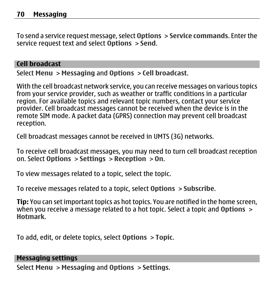 Cell broadcast, Messaging settings | Nokia E5-00 User Manual | Page 70 / 230