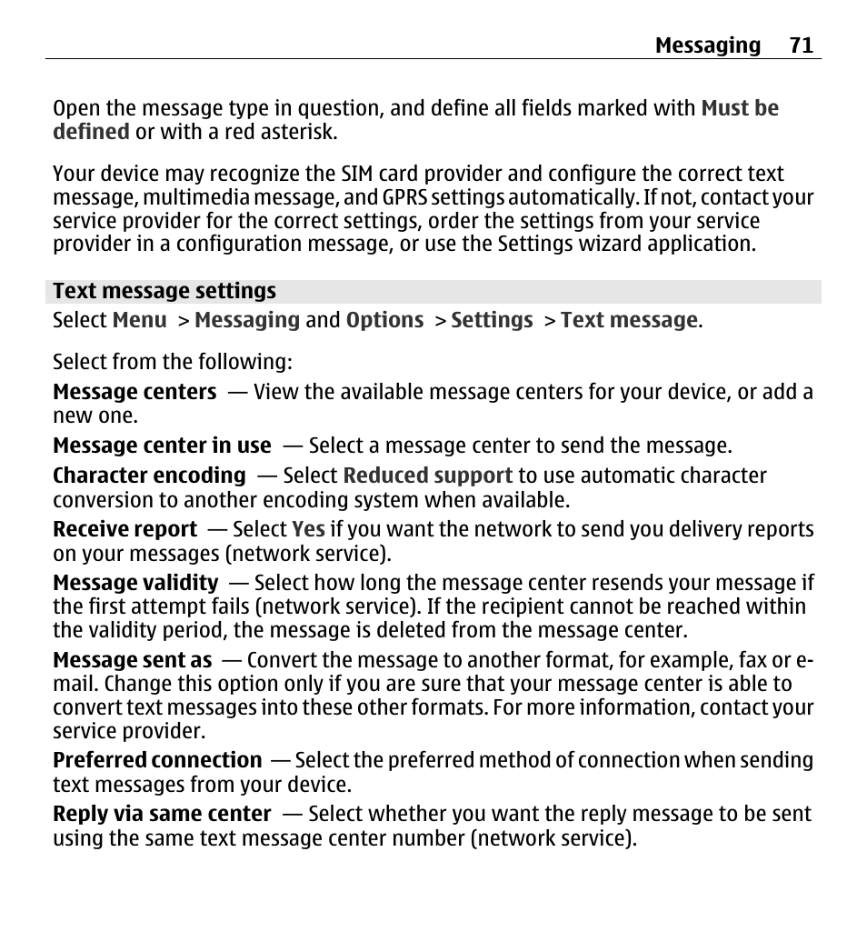 Text message settings | Nokia E5-00 User Manual | Page 71 / 230