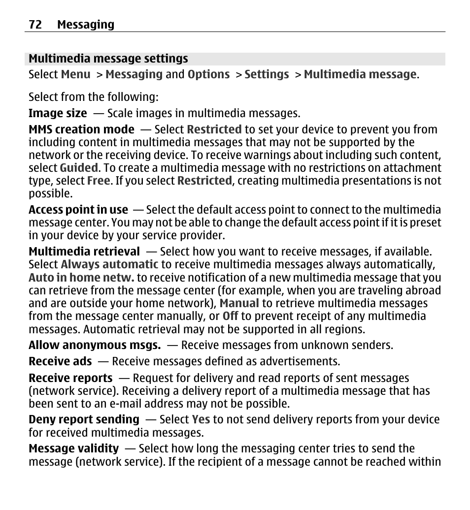 Multimedia message settings | Nokia E5-00 User Manual | Page 72 / 230