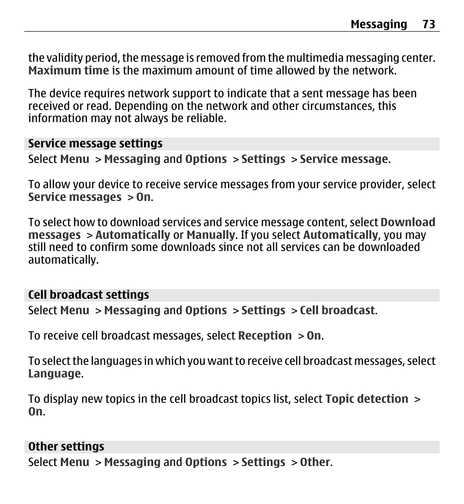 Service message settings, Cell broadcast settings, Other settings | Nokia E5-00 User Manual | Page 73 / 230