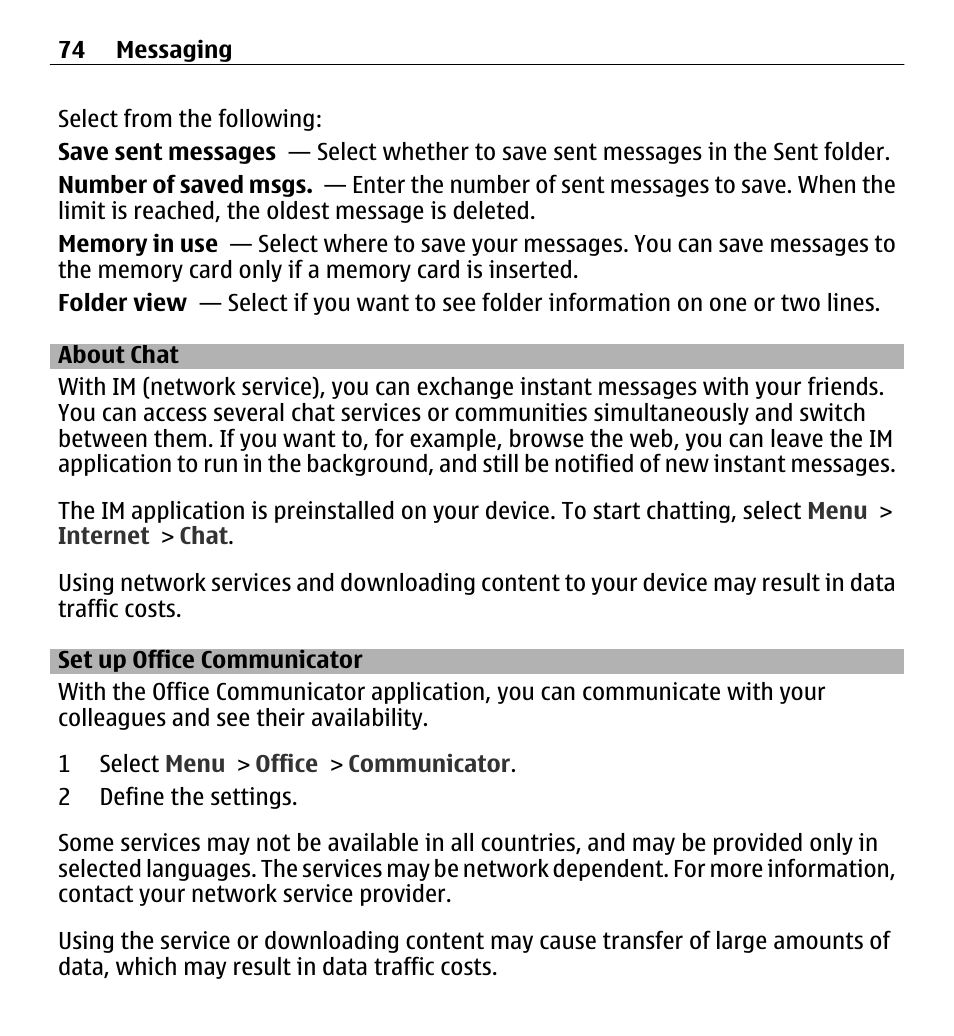 About chat, Set up office communicator | Nokia E5-00 User Manual | Page 74 / 230