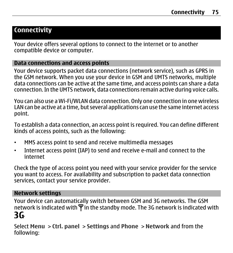 Connectivity, Data connections and access points, Network settings | Data connections and access points 75 | Nokia E5-00 User Manual | Page 75 / 230