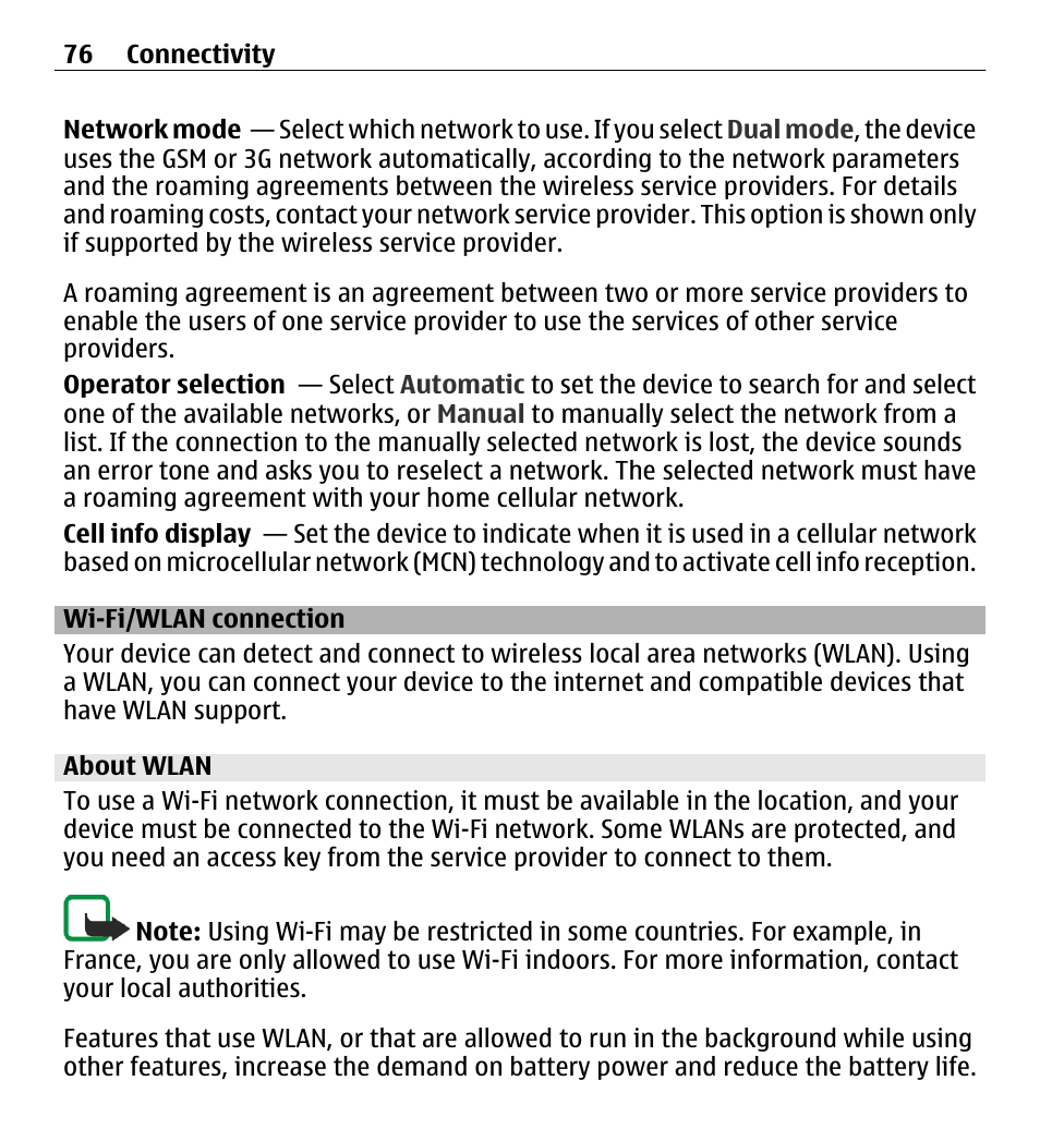 Wi-fi/wlan connection, About wlan | Nokia E5-00 User Manual | Page 76 / 230