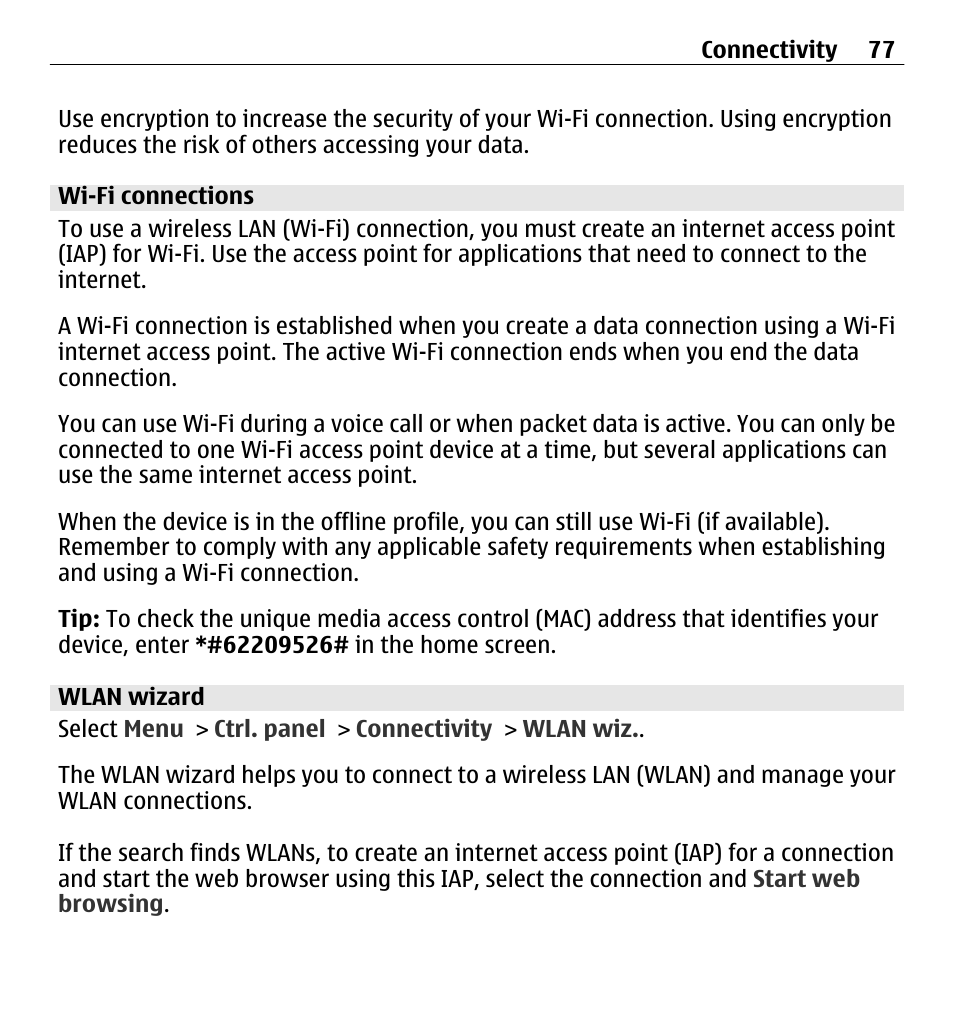 Wi-fi connections, Wlan wizard | Nokia E5-00 User Manual | Page 77 / 230