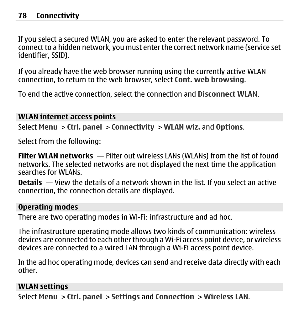 Wlan internet access points, Operating modes, Wlan settings | Nokia E5-00 User Manual | Page 78 / 230
