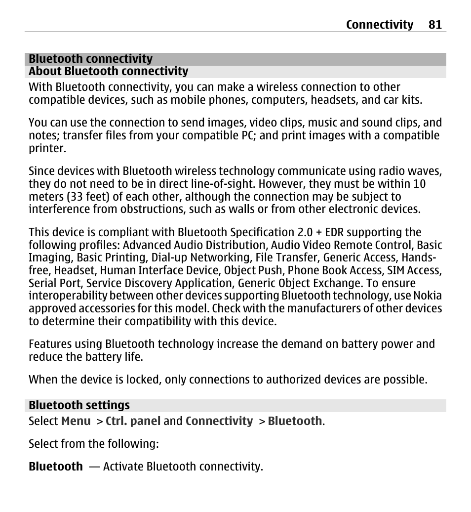 Bluetooth connectivity, About bluetooth connectivity, Bluetooth settings | Nokia E5-00 User Manual | Page 81 / 230