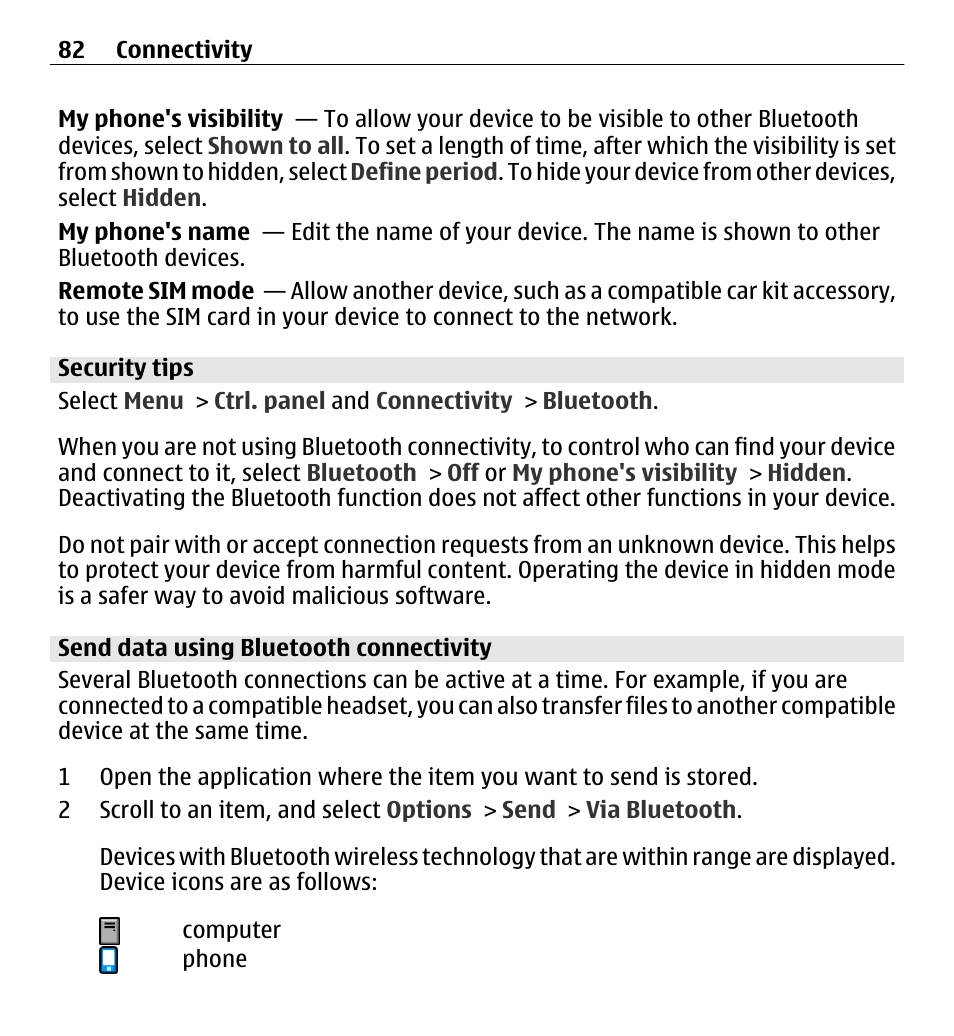 Security tips, Send data using bluetooth connectivity | Nokia E5-00 User Manual | Page 82 / 230