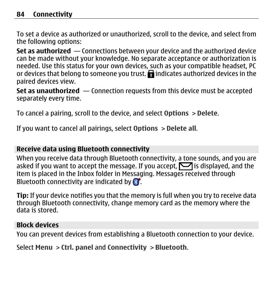 Receive data using bluetooth connectivity, Block devices | Nokia E5-00 User Manual | Page 84 / 230