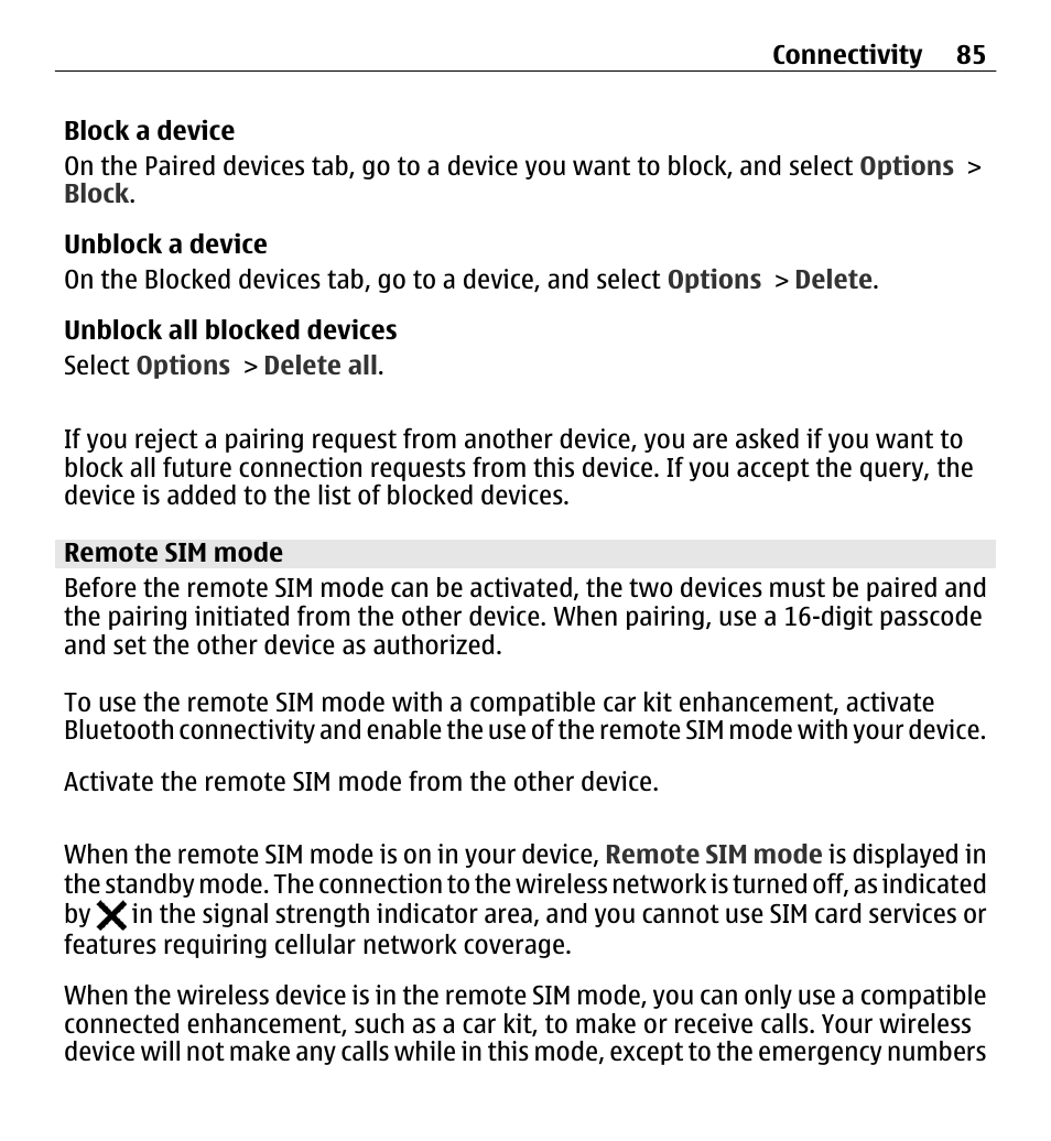 Remote sim mode | Nokia E5-00 User Manual | Page 85 / 230