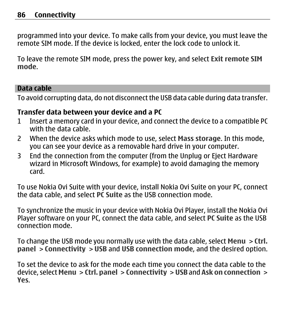Data cable | Nokia E5-00 User Manual | Page 86 / 230