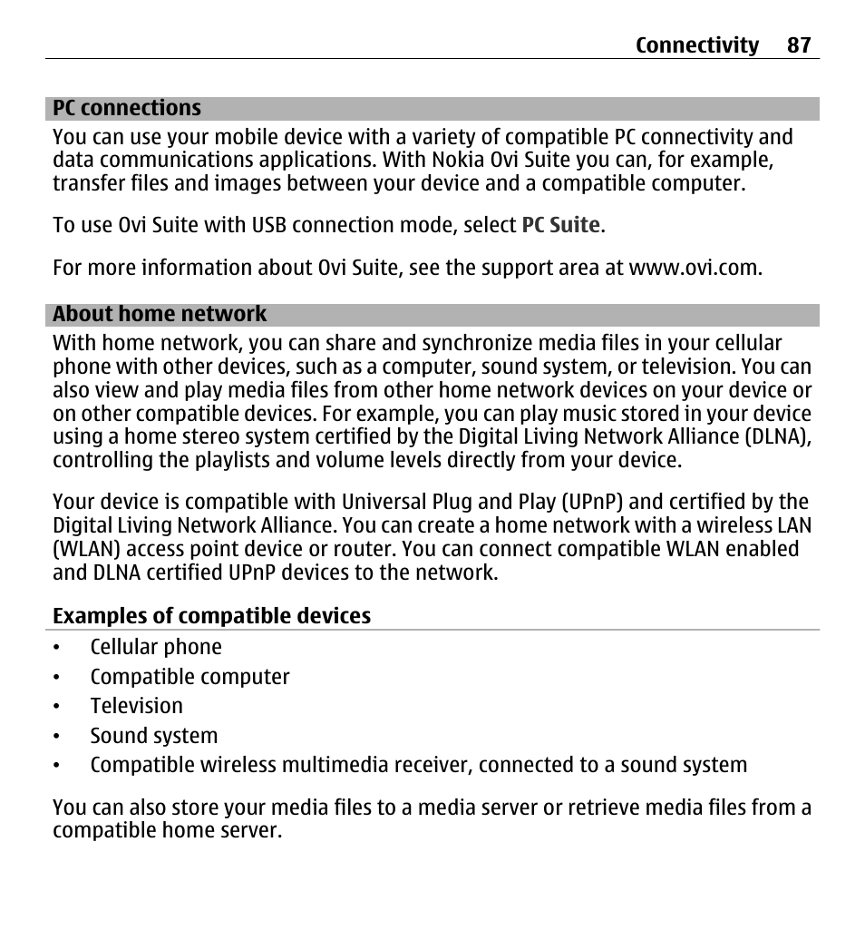 Pc connections, About home network | Nokia E5-00 User Manual | Page 87 / 230