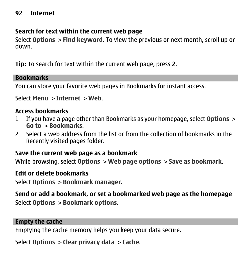 Bookmarks, Empty the cache | Nokia E5-00 User Manual | Page 92 / 230