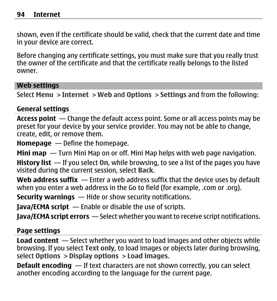 Web settings | Nokia E5-00 User Manual | Page 94 / 230