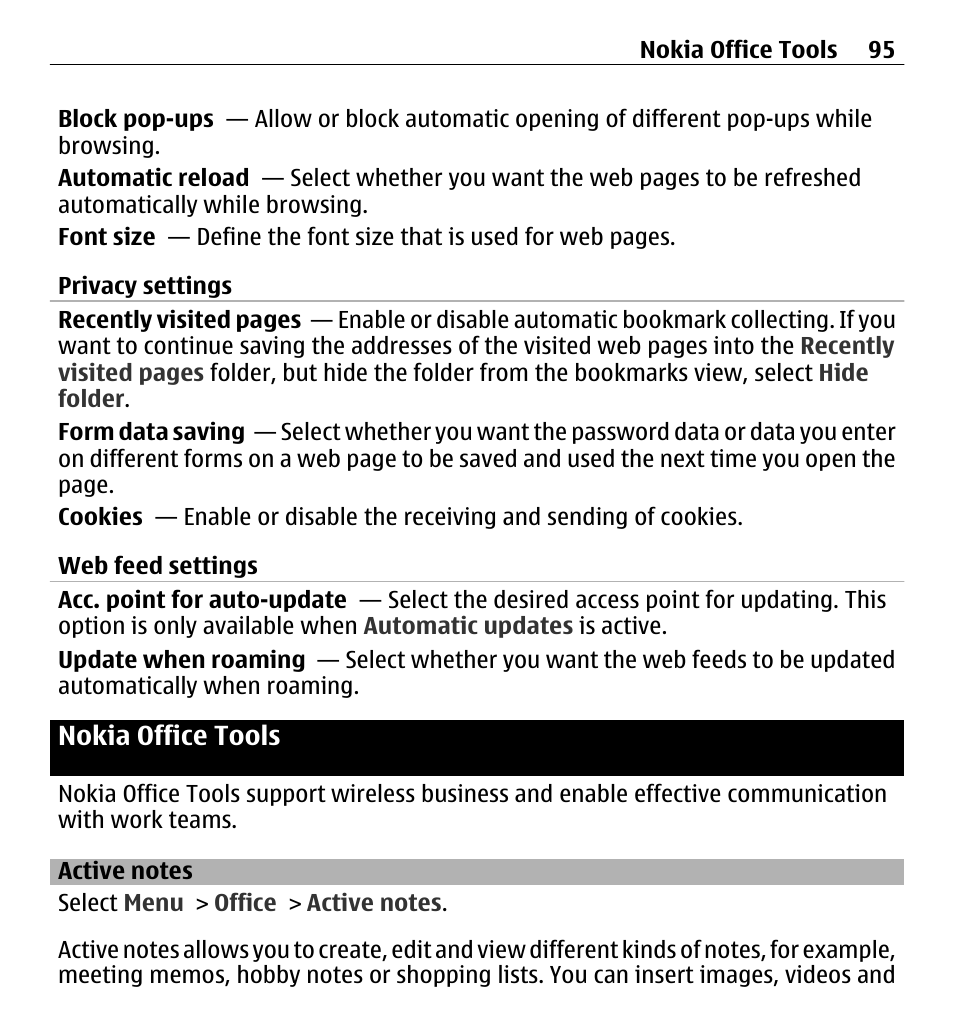 Nokia office tools, Active notes | Nokia E5-00 User Manual | Page 95 / 230