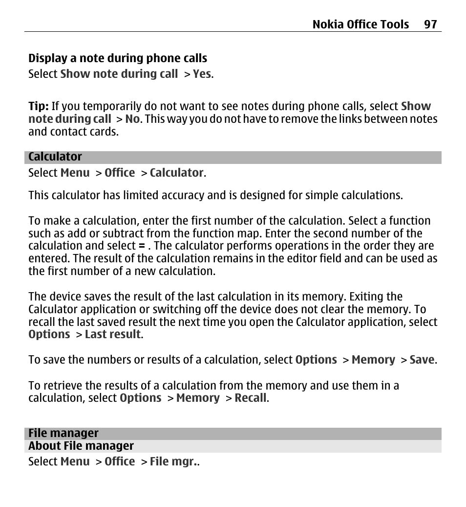 Calculator, File manager, About file manager | Nokia E5-00 User Manual | Page 97 / 230