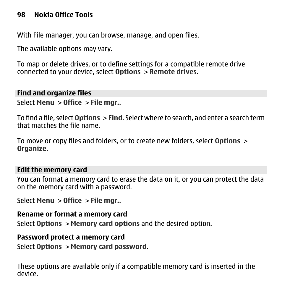 Find and organize files, Edit the memory card | Nokia E5-00 User Manual | Page 98 / 230
