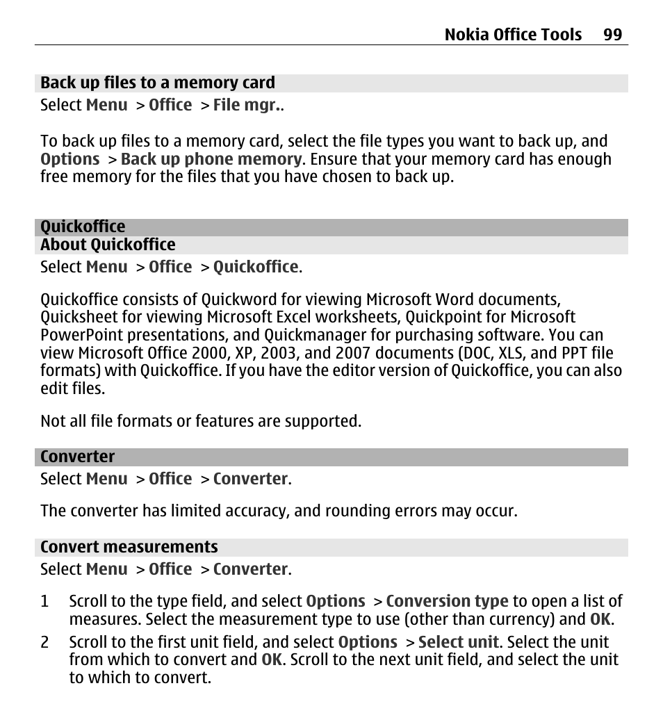 Back up files to a memory card, Quickoffice, About quickoffice | Converter, Convert measurements | Nokia E5-00 User Manual | Page 99 / 230