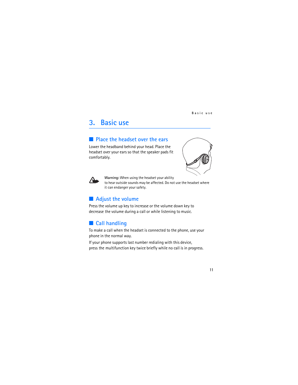 Basic use, Place the headset over the ears, Adjust the volume | Call handling | Nokia Bluetooth Stereo Headset BH-501 User Manual | Page 11 / 78