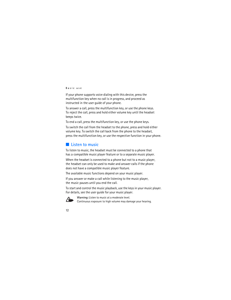 Listen to music | Nokia Bluetooth Stereo Headset BH-501 User Manual | Page 12 / 78