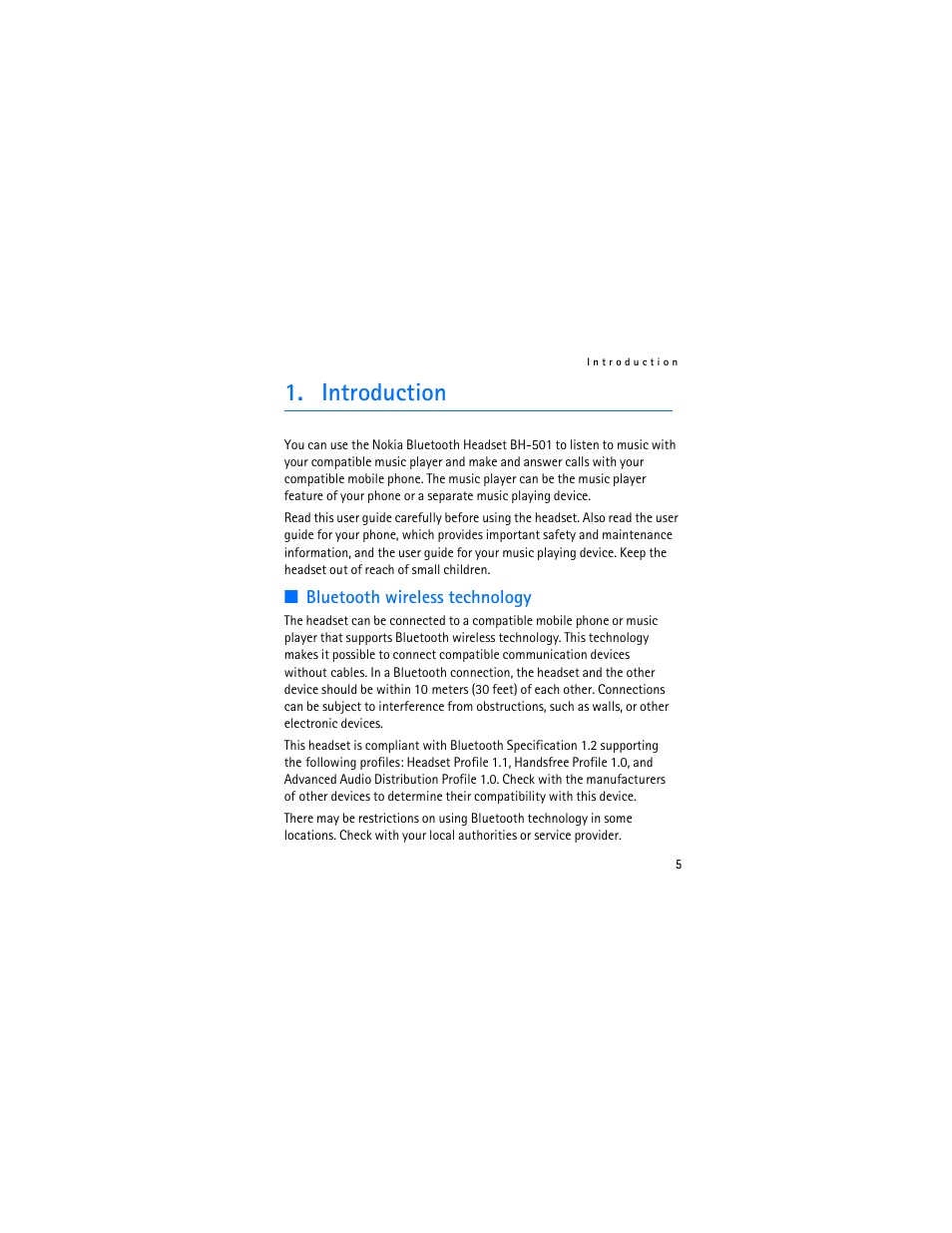 Introduction, Bluetooth wireless technology | Nokia Bluetooth Stereo Headset BH-501 User Manual | Page 5 / 78