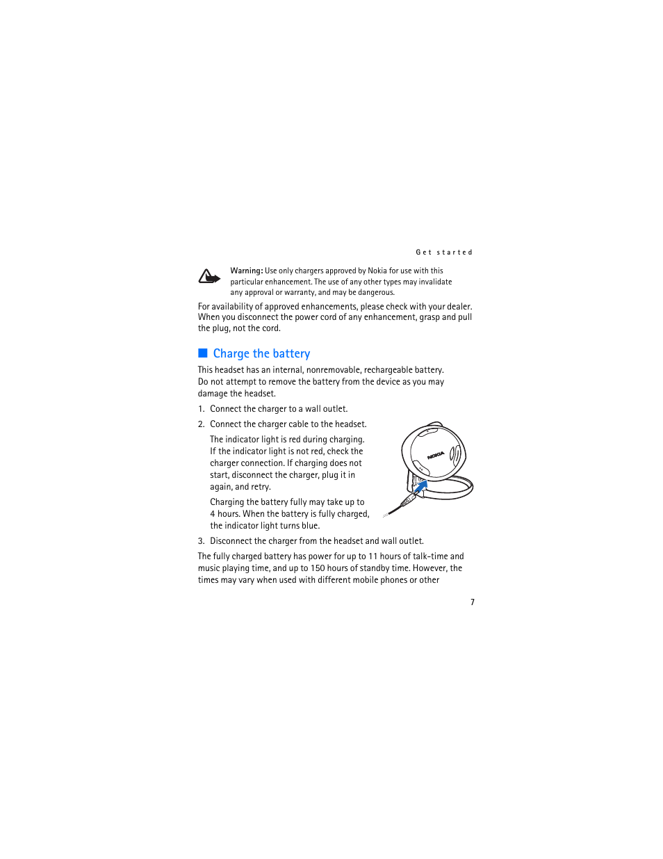 Charge the battery | Nokia Bluetooth Stereo Headset BH-501 User Manual | Page 7 / 78