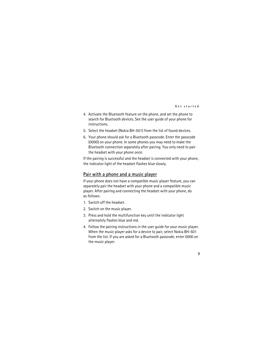 Pair with a phone and a music player | Nokia Bluetooth Stereo Headset BH-501 User Manual | Page 9 / 78