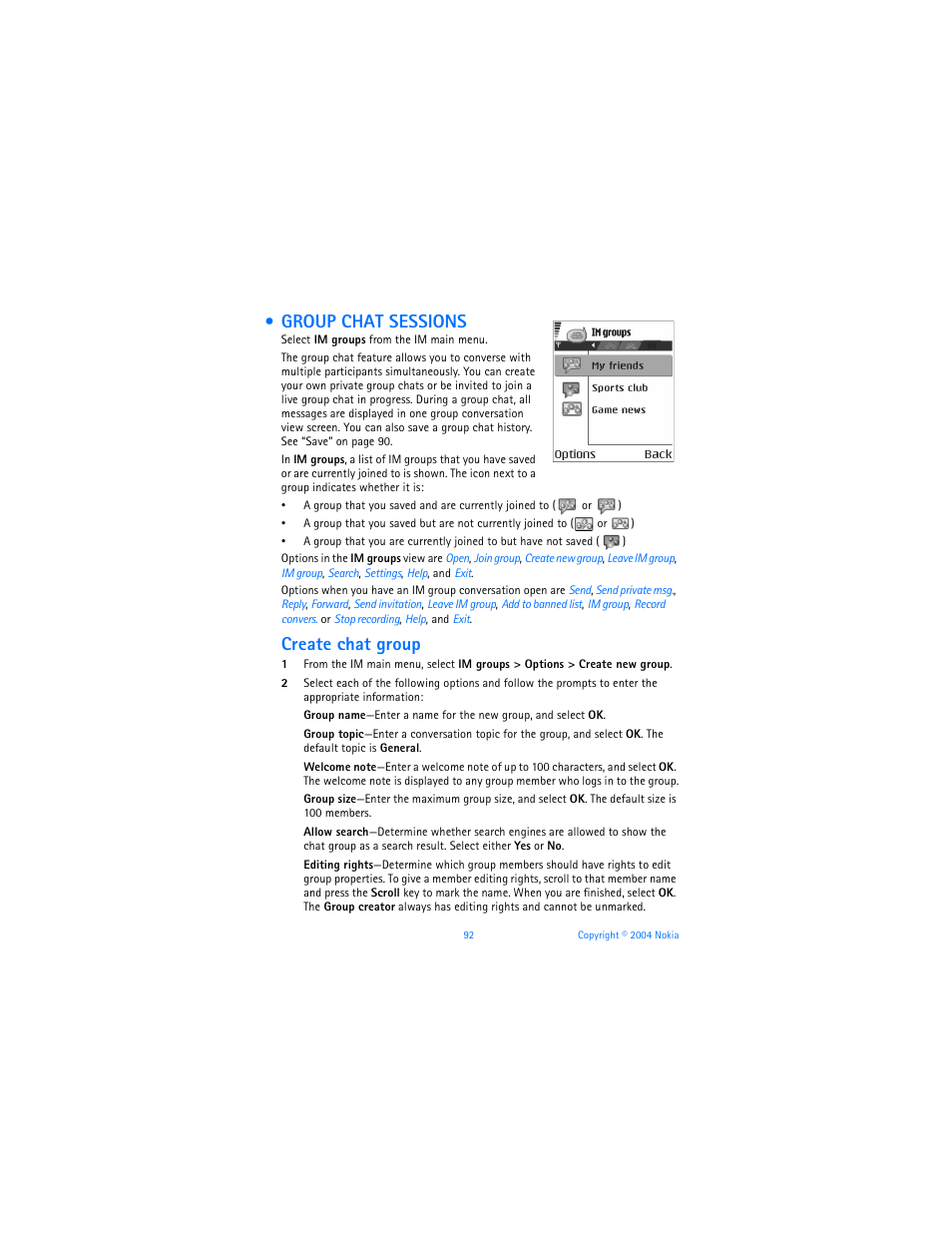 Group chat sessions, Create chat group | Nokia 7610 User Manual | Page 105 / 161