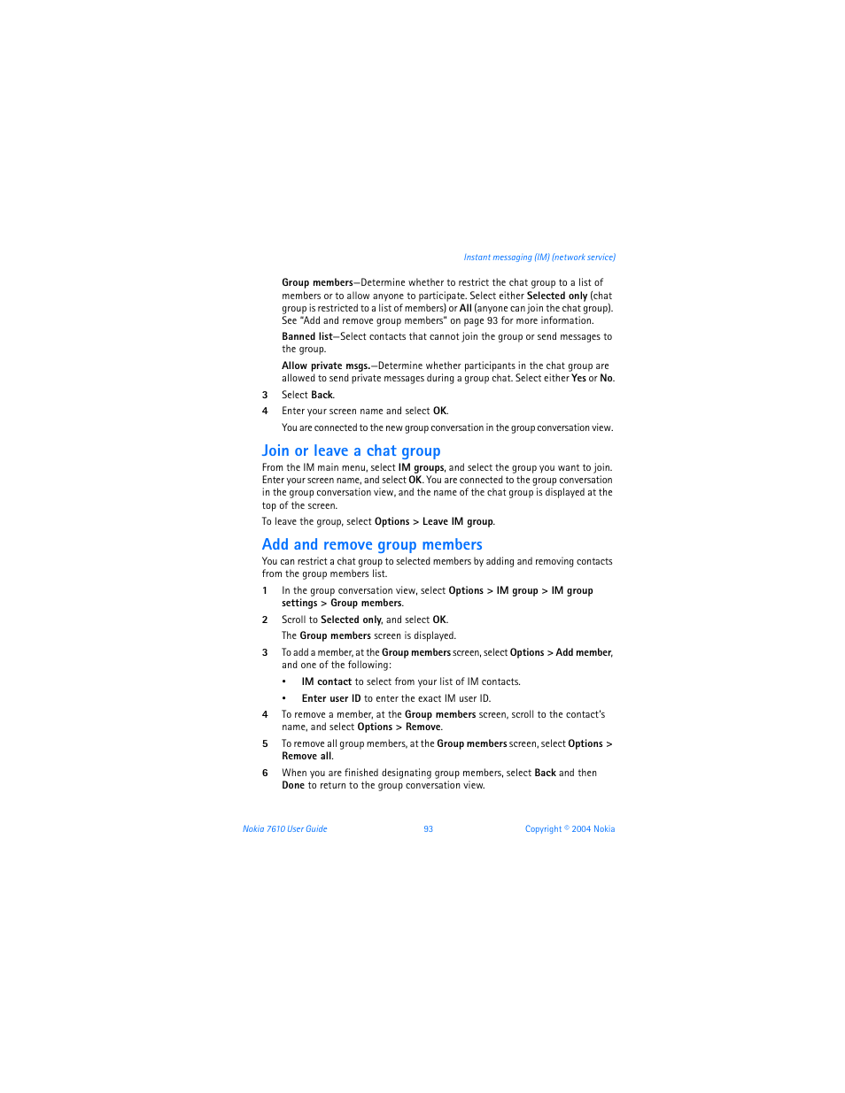 Join or leave a chat group, Add and remove group members | Nokia 7610 User Manual | Page 106 / 161