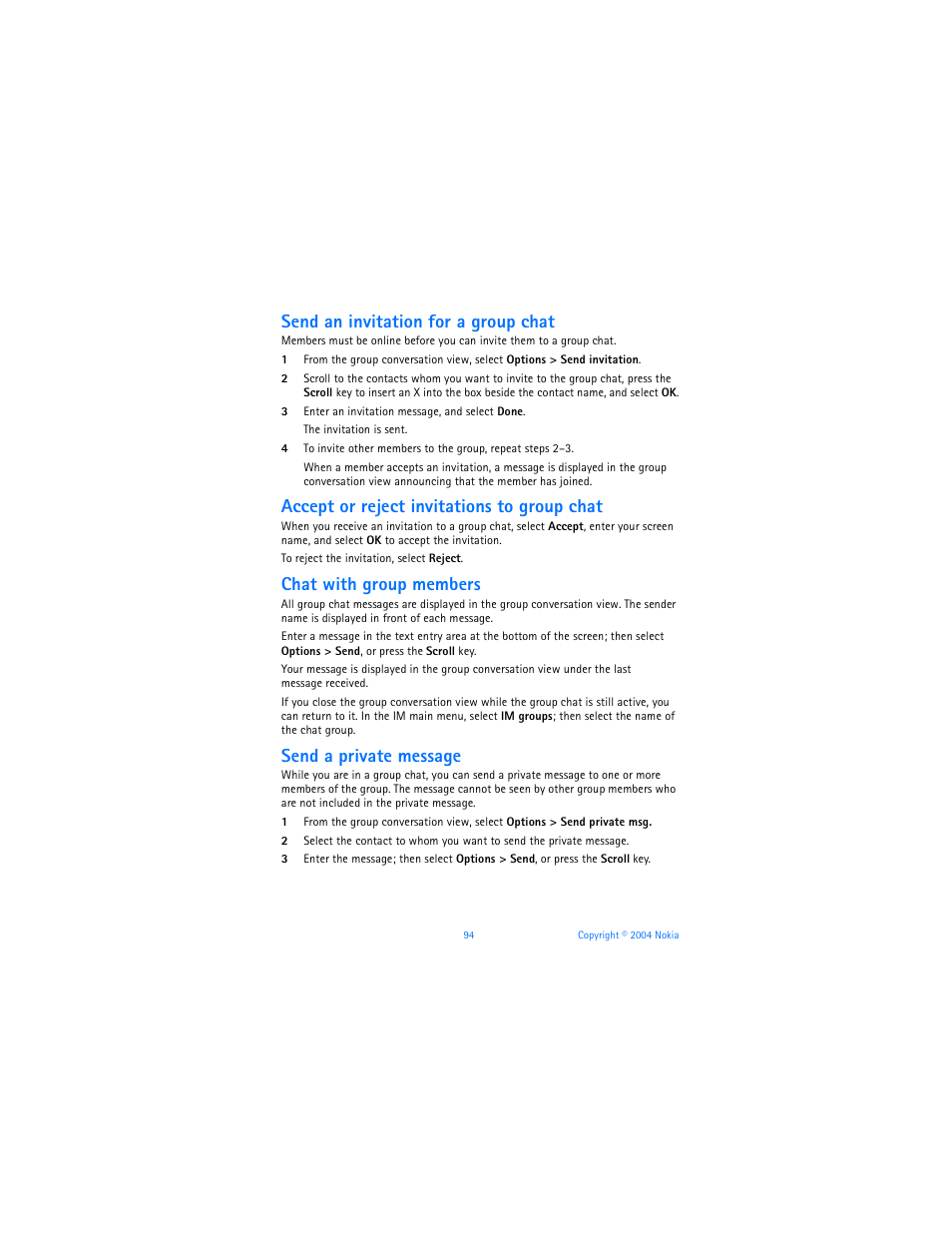 Send an invitation for a group chat, Accept or reject invitations to group chat, Chat with group members | Send a private message | Nokia 7610 User Manual | Page 107 / 161