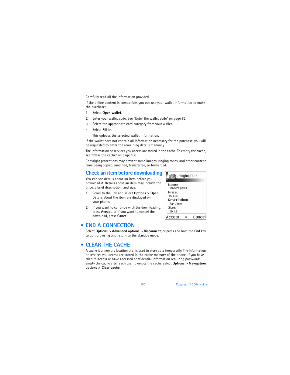 End a connection, Clear the cache, Check an item before downloading | Nokia 7610 User Manual | Page 113 / 161